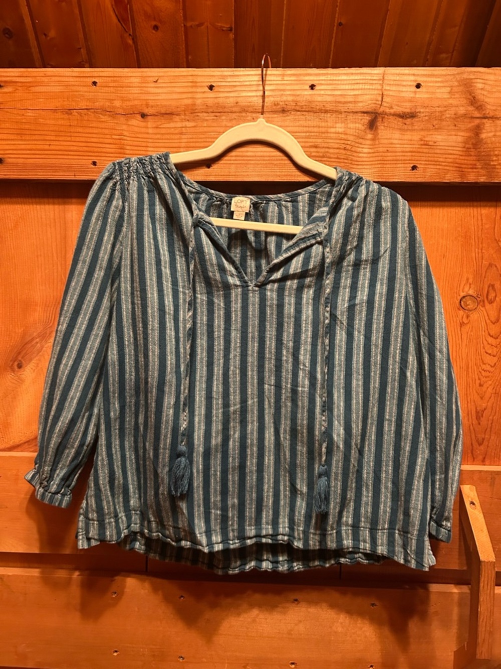 LOFT Blue and White Striped Peasant Blouse with Tassel Ties